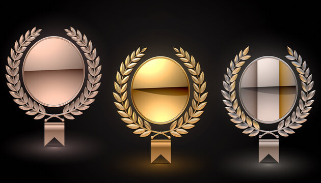 Three shiny award laurel wreath medals in gold silver and bronze on black background 黒い背景に並ぶゴールドとシルバーとブロンズの輝く月桂冠アワードメダル イラスト