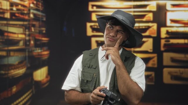 Man wearing explorer hat and vest holding a dslr camera, finger to chin in thinking pose in studio; curiosity exploration.
