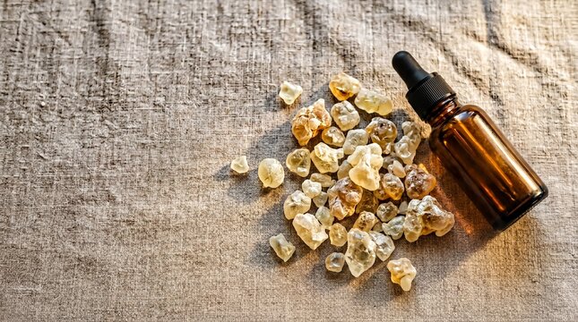 Translucent Mastic Gum Resin with Amber Dropper Bottle on Beige Linen for Wellness Branding