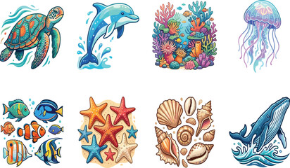 Vector illustration set of cute ocean marine life featuring a sea turtle, dolphin, whale, jellyfish, colorful tropical fish, starfish, seashells, and coral reef .Vector illustration set of cute ocean  © Prema's World