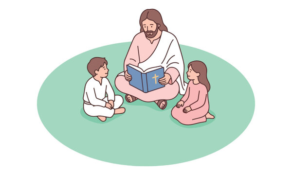 Jesus Reading Holy Bible to Children Illustration