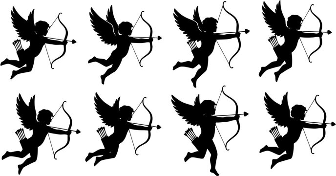 cupid icon set. Cupid silhouette shooting arrow, isolated on white background, love and valentine's day sign and symbol.vector illustration