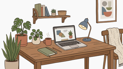 Fototapeta premium A cozy home office setup with a wooden desk, laptop, lamp, plants, and books, perfect for remote work or study