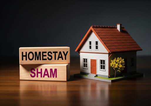 Homestay sham concept with wooden blocks and house model, rental fraud and property scam illustration, vacation booking deception