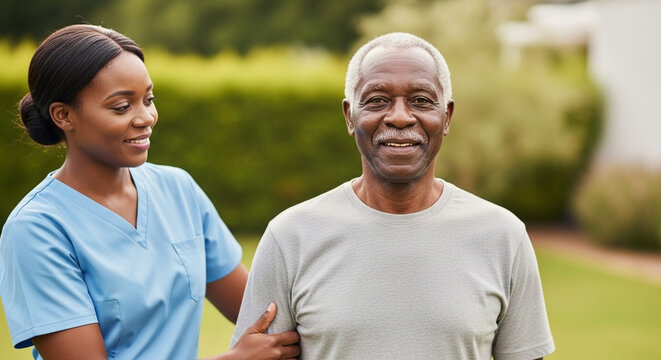 African American senior man smiling with supportive young female caregiver in garden, professional home healthcare and geriatric nursing support concept