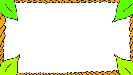 Hand-drawn rope frame with green leaves on white background © agam
