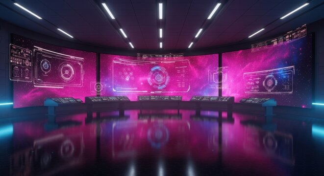 Futuristic conference room, neon lit presentation space, virtual reality meeting background