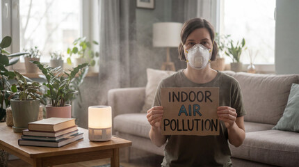 Obraz premium Woman in a protective mask in her polluted home, holding a sign about indoor air pollution with a humidifier on the table