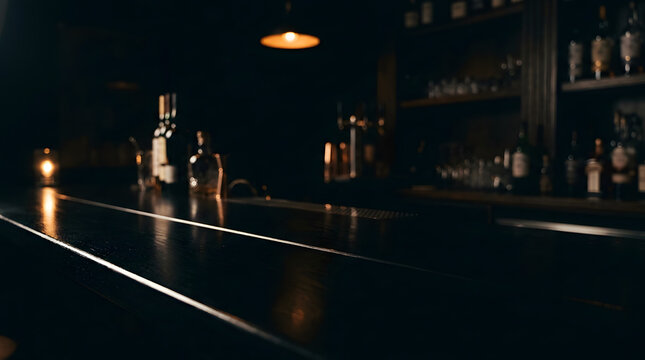 Empty black bar counter in moody speakeasy interior