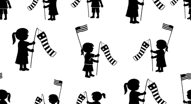 Silhouette children holding patterned protest flags design.