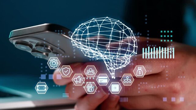 Digital connection between phone and brain with icons representing technology and data