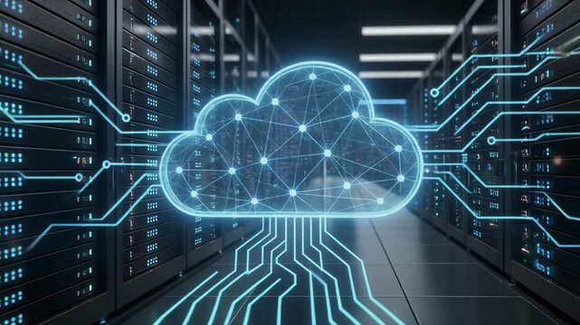 Futuristic glowing cloud network with connected nodes and flowing data streams in vibrant digital environment