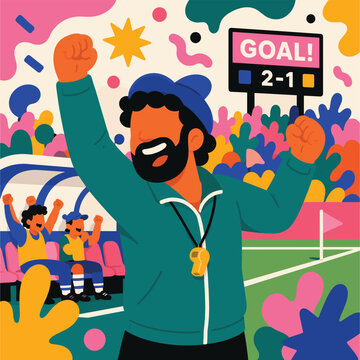 Vector illustration of excited soccer coach celebrating goal with team and scoreboard in stadium