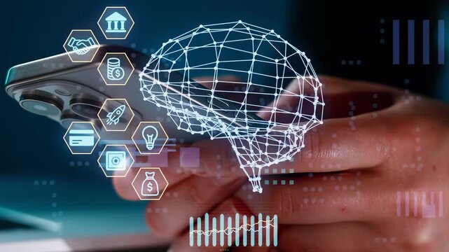 Hands hold smartphone with digital brain graphic showing data and financial icons in a tech setting during evening hours