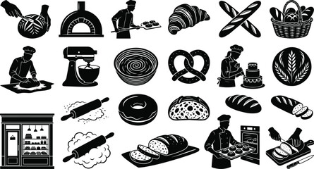 Obraz premium Baking and bakery vector icon set featuring bakers bread loaf croissants rolling pins storefront and baking equipment silhouettes