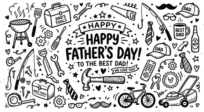 Hand drawn father's day doodle collection with tools grill and festive elements