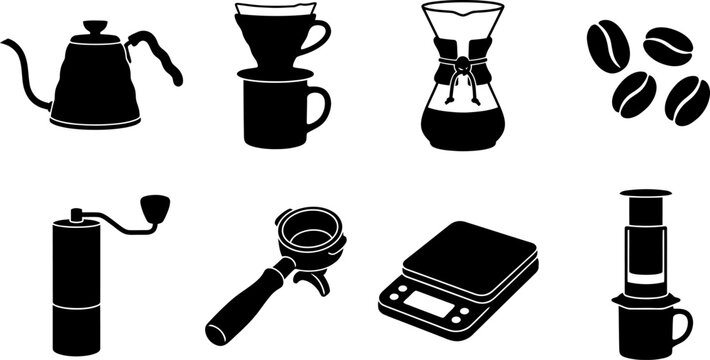 Specialty coffee brewing equipment and accessories vector icons