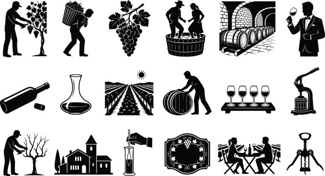 Black and white winemaking icons set featuring vineyard harvesting grape crushing wine aging tasting and sommelier elements for design