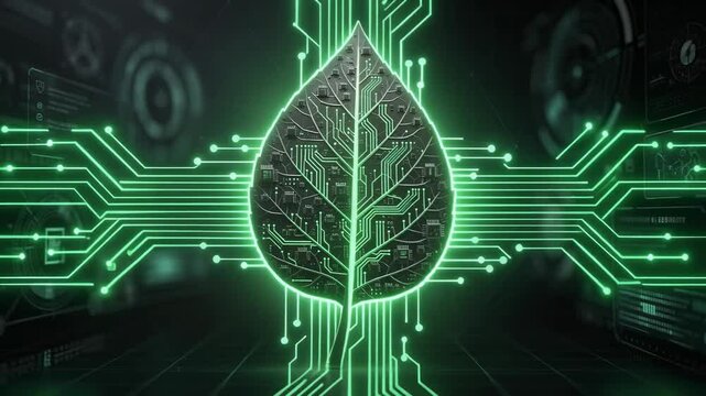 Futuristic glowing green leaf made of circuit boards and microchips pulsing with energy technology nature concept