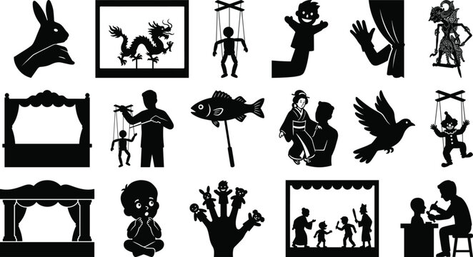 Vector silhouette icons set of puppetry and puppet theater elements including shadow puppets, marionettes, hand puppets, and stage performances.