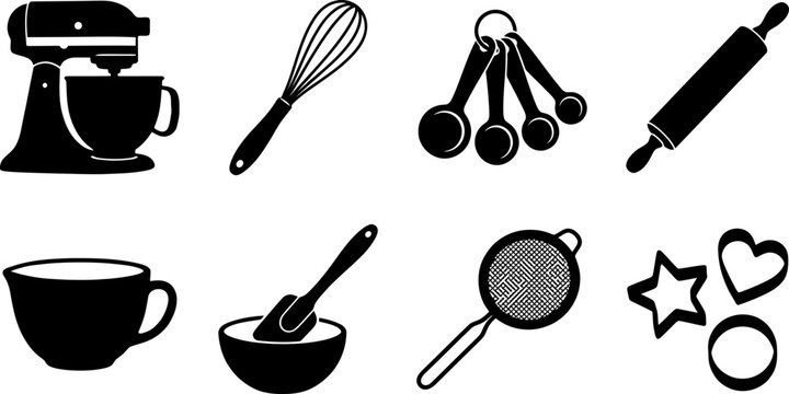 Kitchen baking appliance and utensil black silhouette icons set