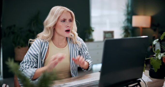 Frustrated, woman or headache with stress on laptop in office for mistake, error or failure. Upset, female person or anger with computer, migraine or anxiety for network delay or slow internet