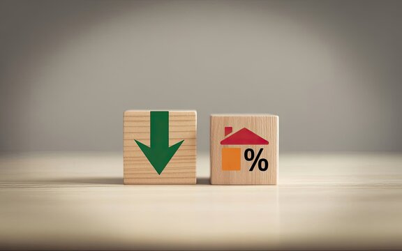 Wooden blocks with downward arrow and house percentage symbol representing reduced interest rates