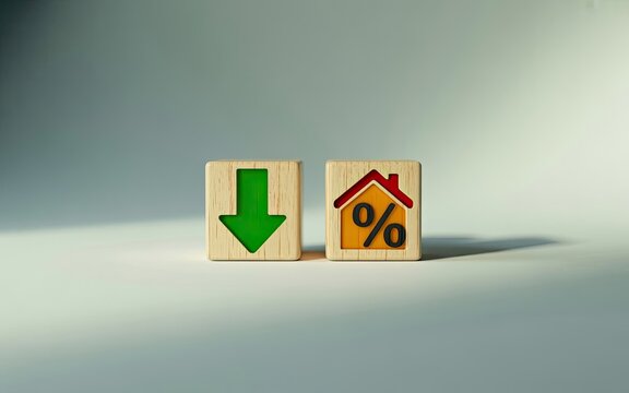 Wooden blocks with downward arrow and house percentage symbol representing reduced interest rates