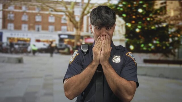 Man police officer covers mouth with hands on street by decorated christmas tree and shops; concern duty.
