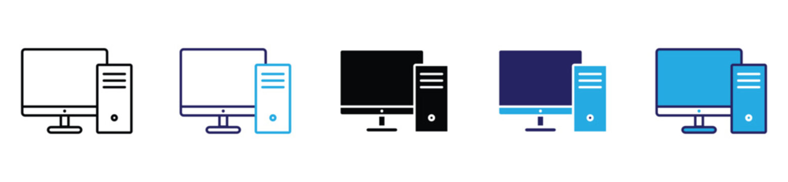 Computer Monitor and CPU Icons Set Isolated on White Background