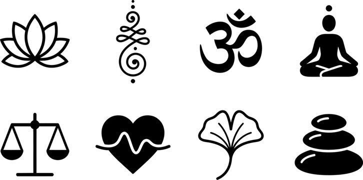 Spiritual and wellness symbols including lotus om and balanced stones