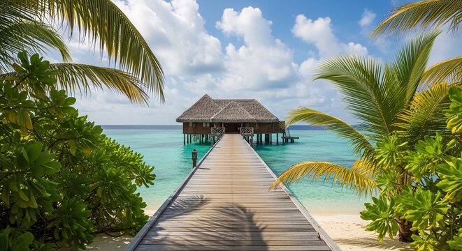 Beautiful tropical beach scene with wooden pier leading to a thatched hut over clear turquoise water surrounded by lush green palm trees and bright blue sky