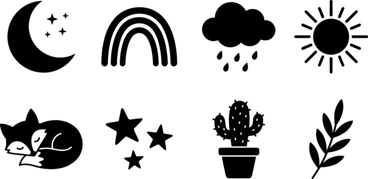 Bohemian celestial and nature icons including moon rainbow and sleeping fox