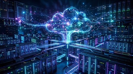 Fototapeta premium Digital Cloud Computing Network Server Room Data Center Technology