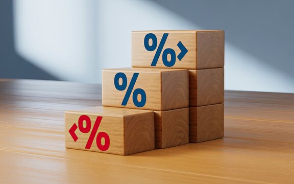 Wooden blocks with percentage symbols showing increasing and decreasing financial trends