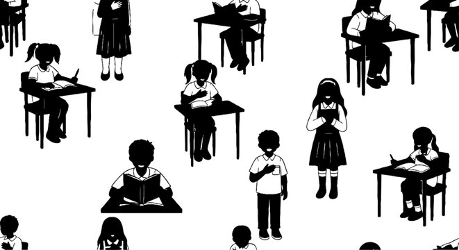 Black and White Illustrative Classroom Scenes with Students.