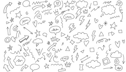 Fototapeta premium Hand drawn doodle elements on a white background with arrows stars and hearts
