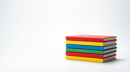 Fototapeta premium Stack of colorful hardcover books on a white background with side copy space for text