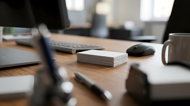 Professional office desk with business cards, computer, and coffee mug