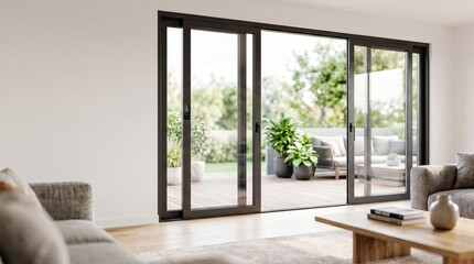 Fototapeta premium Modern Smart Sliding Glass Doors in Minimalist Living Room for Home Automation Banner