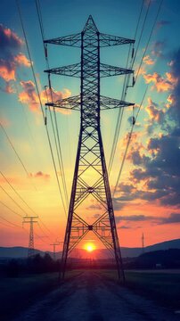 High voltage electricity pylons stand tall, their metal frames silhouetted against a bright sunset