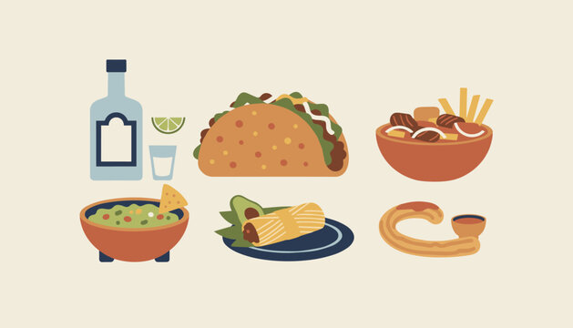 Mexican food illustration set features a bottle of tequila and a taco with a bowl of soup and fresh guacamole for a festive traditional meal.