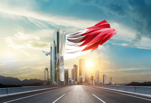 Bahrain flag waving with modern and developed landscape. Bahrain national flag for independence day.