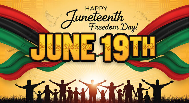 Juneteenth celebration banner with raised hands and colorful festive background for freedom day