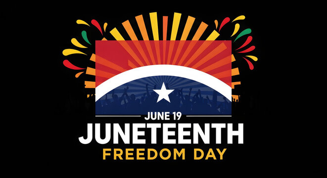 Juneteenth Freedom Day celebration with waving flag and golden rays on black background