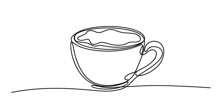 Single line drawing of a coffee cup with foam on a table