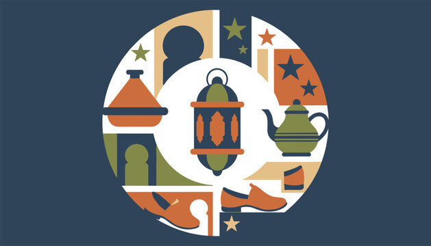 Round Islamic culture design featuring traditional icons such as a lantern, teapot, tagine, and decorative star motifs.