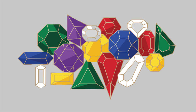 Assorted collection of colorful gemstones and precious jewels in various geometric cuts like emerald, round, and pear.