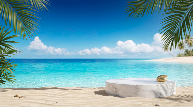Pixelated tropical beach with palm trees and ocean