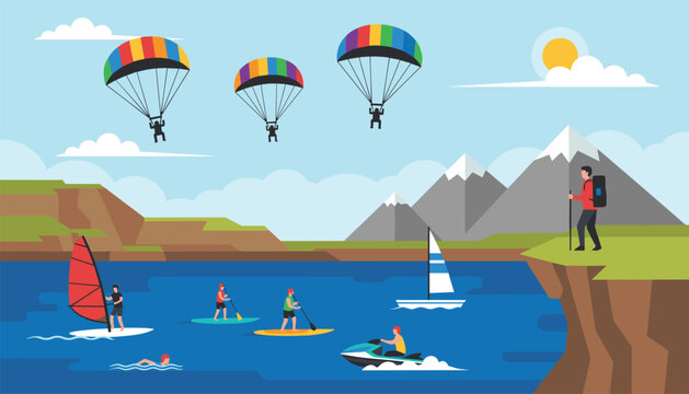 Diverse group of people enjoying various outdoor summer sports and recreational activities at a scenic mountain lake.